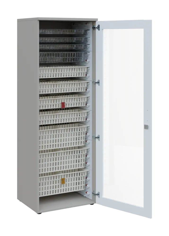 EUROMEDICA S - 66 skříň léková boxová, 1-dveřová/prosklená, pravá, 1950x660x535, korpus šedý, dvířka bílá